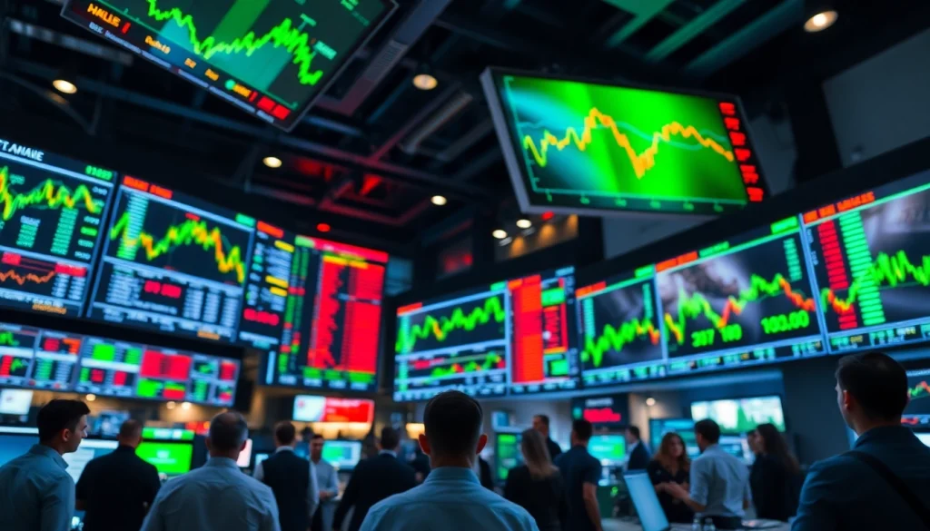 Experience dynamic Tradings on a high-tech trading floor filled with vibrant charts and bustling traders.