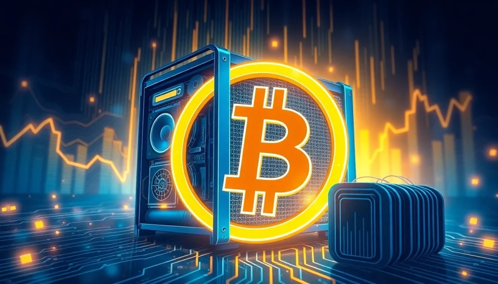 Explore Bitcoin mining with an intricate illustration of a digital mining rig, emphasizing technology and cryptocurrency.