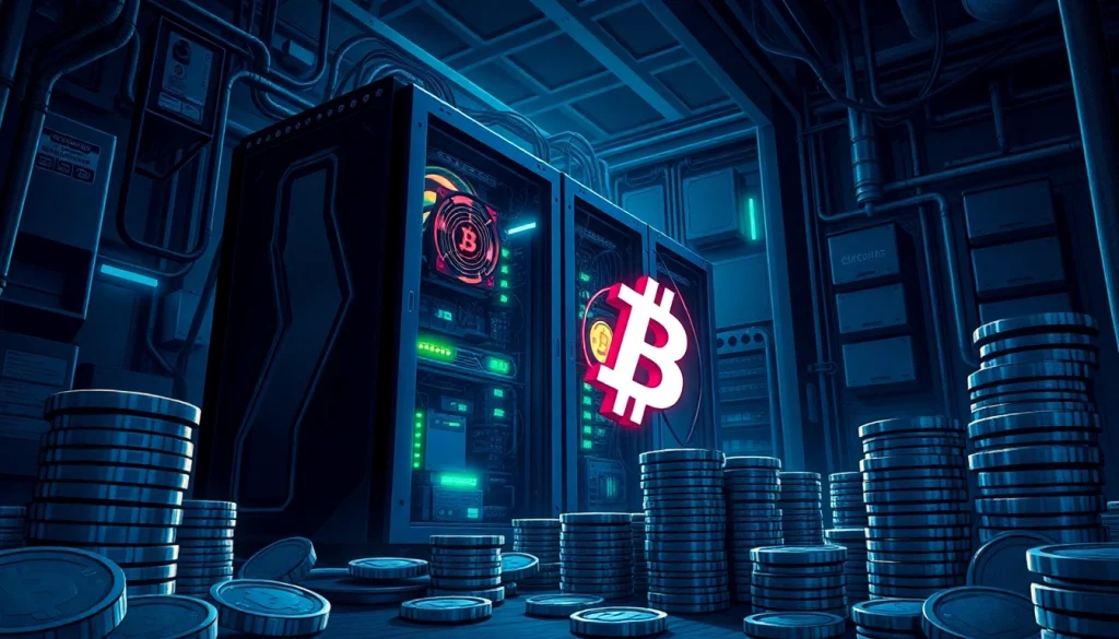 Engaging scene of Bitcoin mining with high-tech rigs and digital coins illuminating the industrial environment.