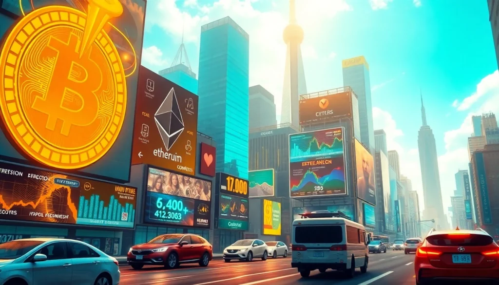 Explore the bustling Crypto city skyline with Bitcoin and Ethereum representations, symbolizing innovation and growth.