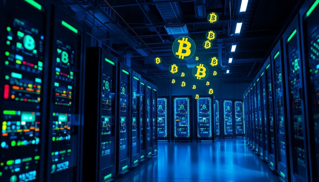 Explore Bitcoin mining through a modern mining farm showcasing advanced technology and vibrant crypto symbols.
