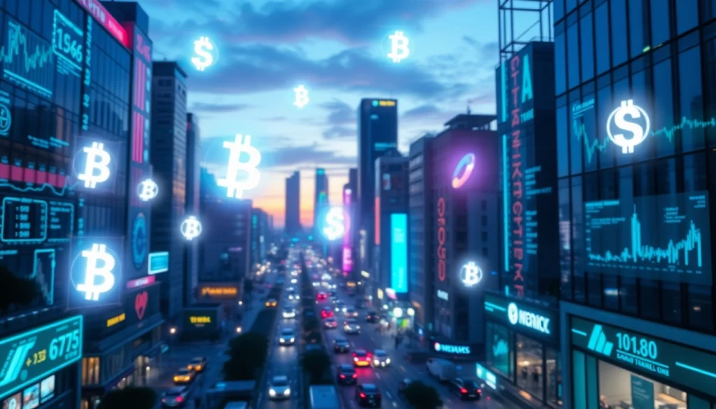 Discover the vibrant world of Crypto depicted in a futuristic cityscape illuminated by holographic symbols.