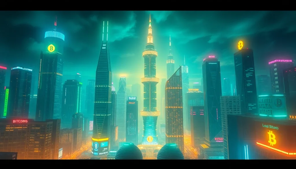 Explore the vibrant cityscape symbolizing Bitcoin's financial rise through neon lights and modern architecture.