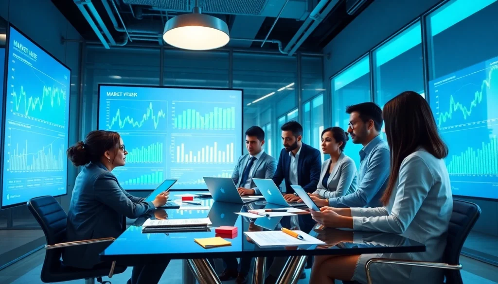 Explore dynamic professionals analyzing market insights in a modern office space.