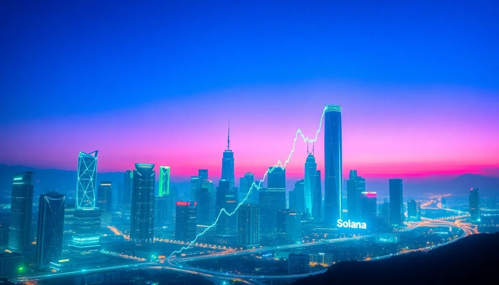Track the real-time solana price usd with a dynamic city skyline representing the cryptocurrency market.