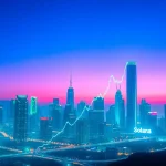 Track the real-time solana price usd with a dynamic city skyline representing the cryptocurrency market.