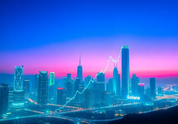 Track the real-time solana price usd with a dynamic city skyline representing the cryptocurrency market.