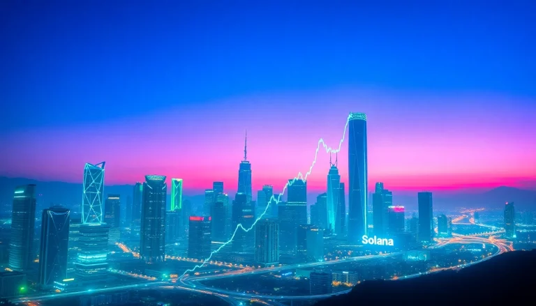 Track the real-time solana price usd with a dynamic city skyline representing the cryptocurrency market.