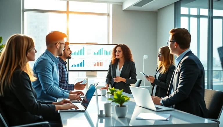 Discover powerful market insights in a modern workspace with professionals analyzing data on digital screens.